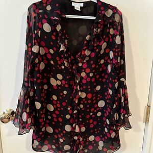 Avenue Black Blouse with Red and Gray Polka Dots